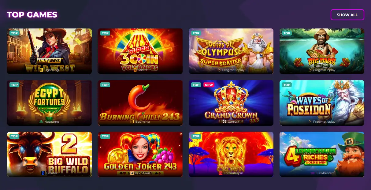 Slots Gallery online pokies lobby with filters by provider and volatility